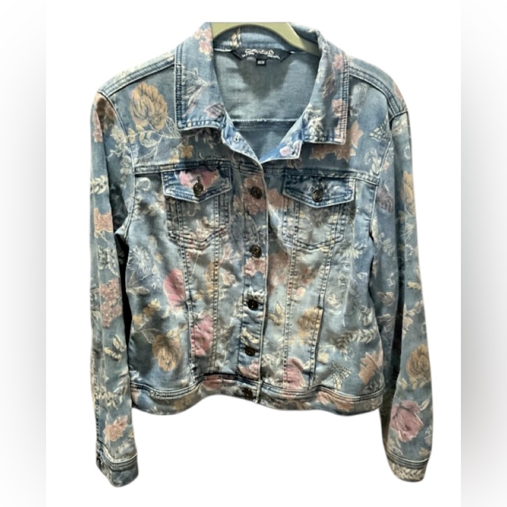 Charlie B Jean Jacket Womens Medium Floral Print Button Up Casual Denim